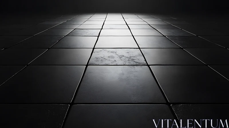 Black tiled floor recedes into dramatic cinematic darkness.