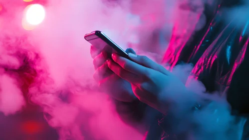 Neon-lit hands texting through swirling pink vapor haze.