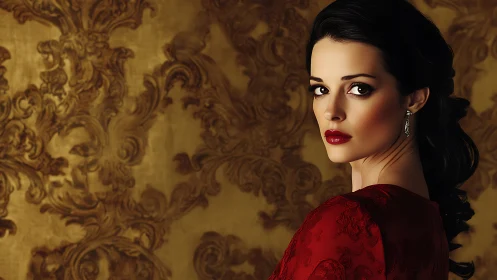 Elegant brunette portrait against baroque golden backdrop.