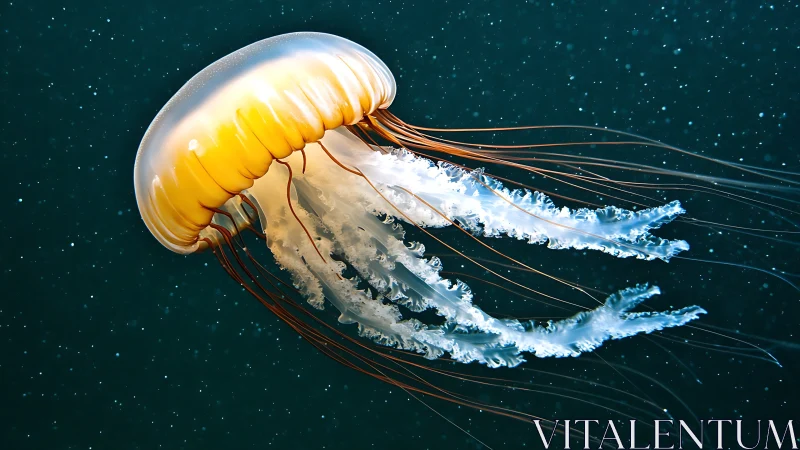 Golden jellyfish drifts through deep teal ocean waters.