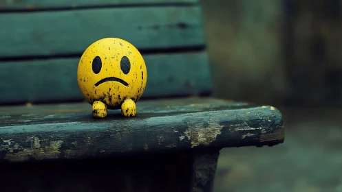 Lonely yellow smiley sits quietly on a weathered bench.