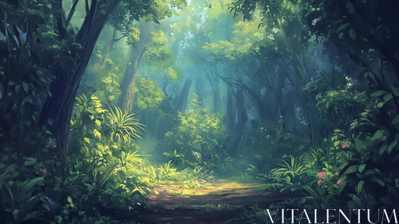 Misty forest canopy path with golden light filtering through dense vegetation