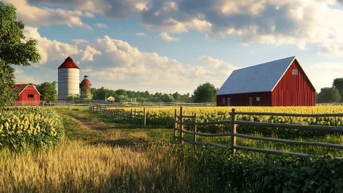 Sunlit red barns overlook blooming fields and quiet fences.