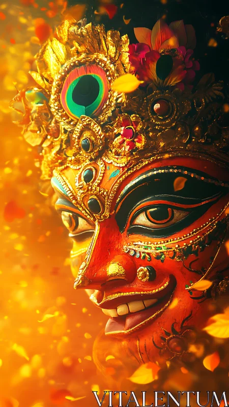 Festival mask smiles in a swirl of golden celebratory light