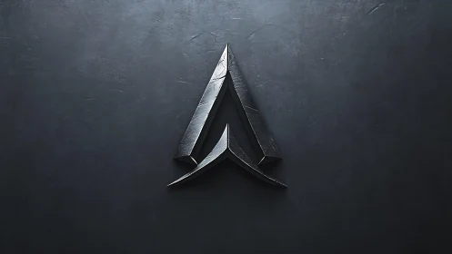 Metallic abstract arrow emblem on dark textured background.