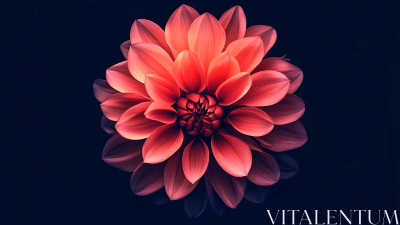 Luminescent Dahlia Bloom Against Deep Navy. Gradient Red Petals.