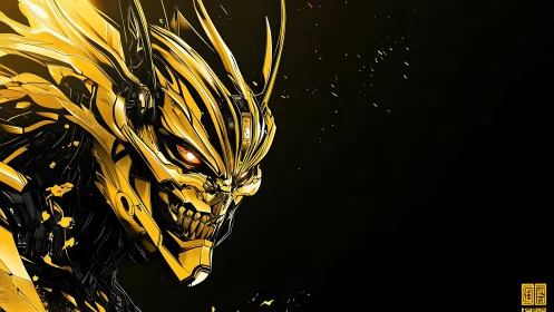 Golden cybernetic skull emerges from darkness in blazing detail