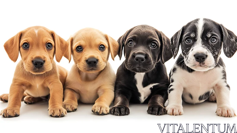 Four puppies aligned in symmetrical, high-key studio portrait lighting