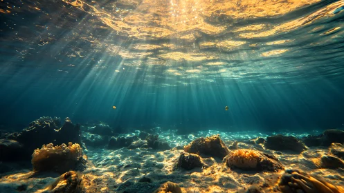 Sunlit shallow seabed with coral formations and clear water.