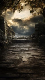 Stone pathway leading to rocky shoreline under clouds.