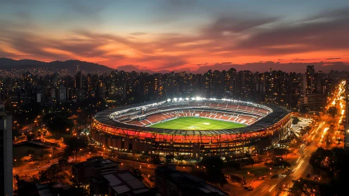 Illuminated football stadium within dense evening cityscape.