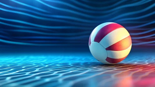 Volleyball on Abstract Blue Surface with Vibrant Lighting Effects.
