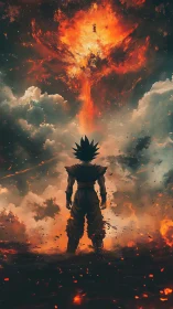 Blazing sky warrior confronting a storm of cosmic fire.