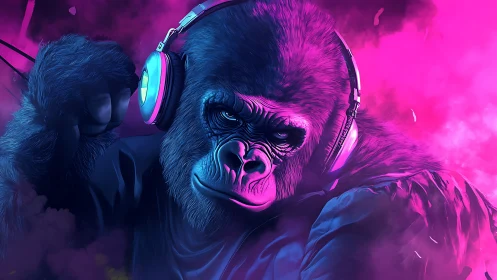 Gorilla in neon headphones against bold pink smoke haze.