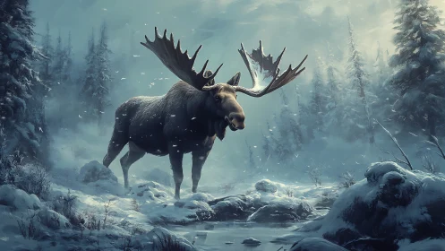 Majestic bull moose dominates frozen alpine forest clearing.