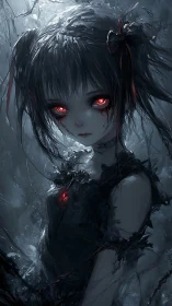 Dark anime girl with glowing red eyes in eerie shadows.