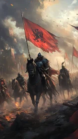 Armored cavalry advance under red war banners in smoke