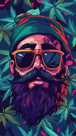 Pop art bearded portrait with stylized foliage patterning.