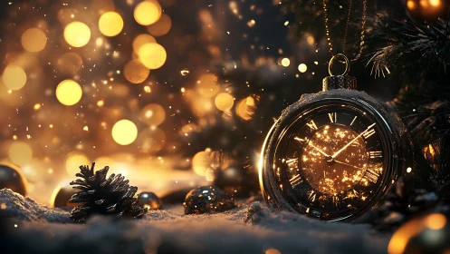 Glowing pocket watch ornament in snow with festive bokeh lights