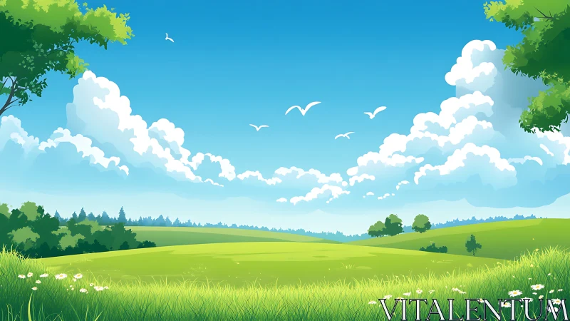 Vector-precise pastoral landscape under cumulus cloud band.