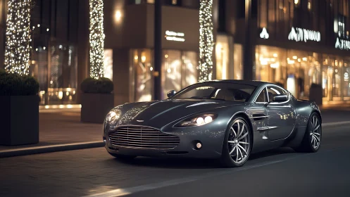 Gray sports coupe parked on city street at night
