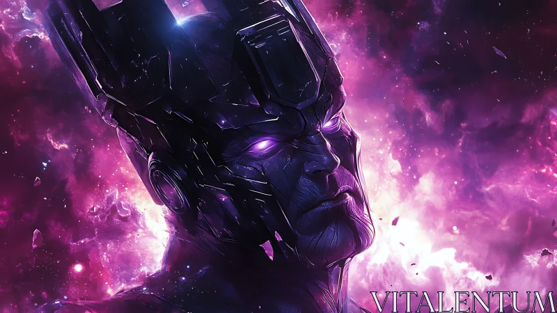 Cosmic armored titan head glowing in vivid purple nebula.