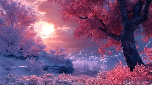 Pink twilight forest surrounds tranquil mountain lake.