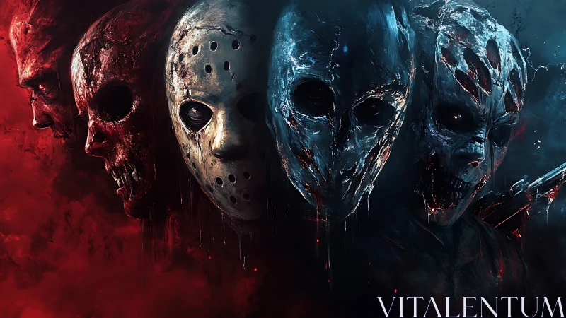 Horror masks merge through red and blue smoke gradient