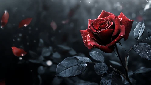 Red rose with water droplets against dark moody background