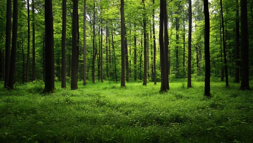 Lush green forest with tall trees in serene natural landscape.