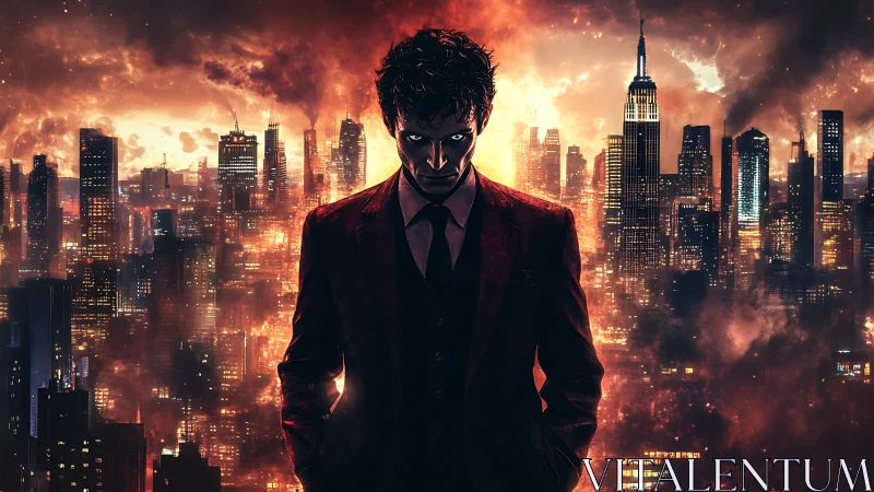 Dark figure stands over a burning neon city in chaos