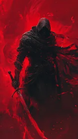 Hooded swordsman silhouette emerges from dense red particulate haze