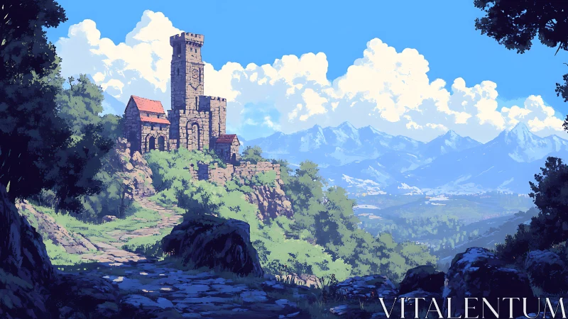 Ancient stone tower rises above a sunlit mountain valley