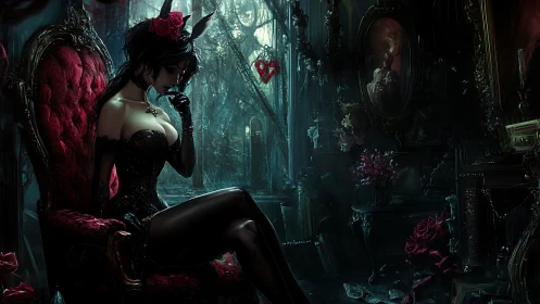 Gothic lounge portrait renders a darkly ornate boudoir tableau