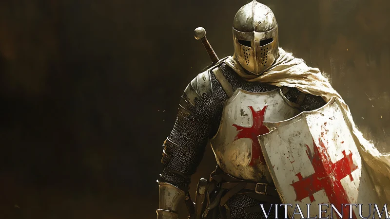 Stoic crusader knight stands armored in golden battlefield haze