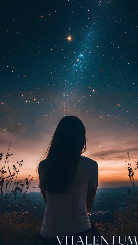 Quiet hillside stargazer under a river of glowing stars.