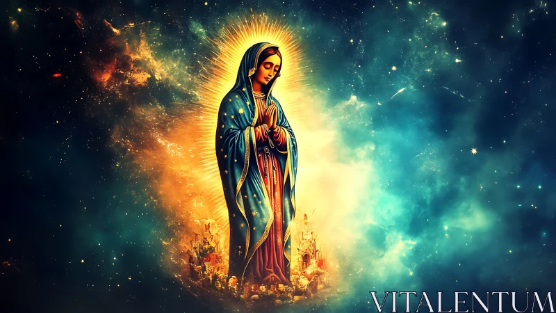 Radiant robed saint stands in glowing cosmic nebula light