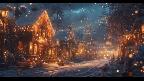 Snow covered town street with dense festive lighting at night.