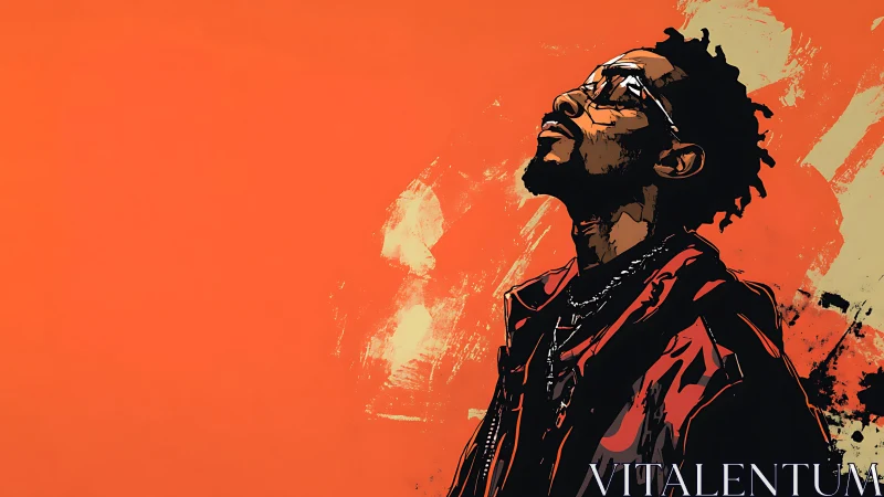 Stylized portrait of man in red jacket on orange field.