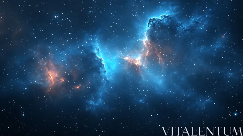 Diffuse blue nebula with orange gas regions in space.