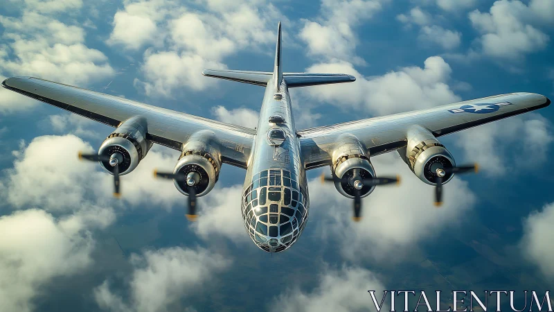 Four engine military bomber aircraft flying above clouds.