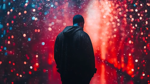 Backlit hooded figure in rain amid red bokeh light field.