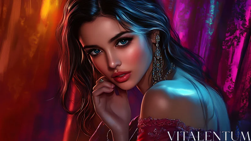 Soft gaze in neon light with vibrant, dreamy elegance.