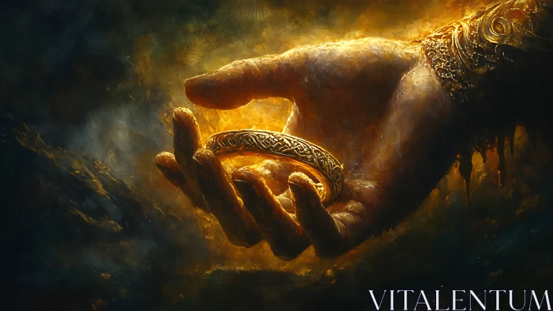 Glowing golden ring rests in an outstretched mystical hand