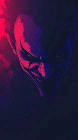 Stylized sinister male face in high contrast neon lighting.