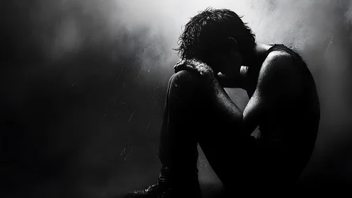 Solitary seated figure in dark monochrome interior space.