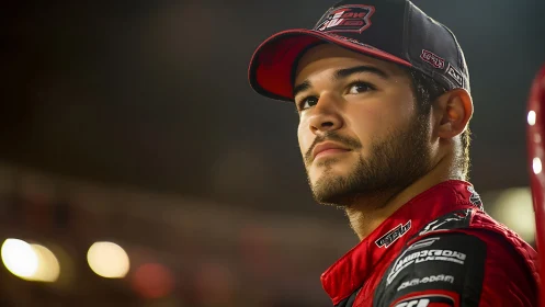 Racing driver in red suit gazes upward under stadium lights