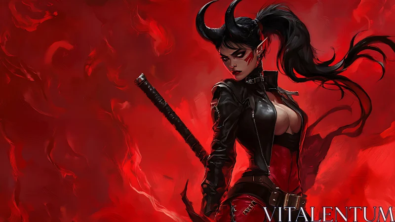 Demonic warrior in red inferno with katana and leather armor.