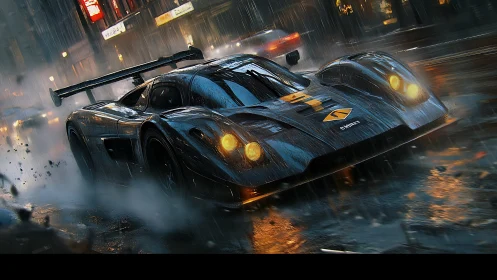 Sleek race car cuts through neon rain on a wet city street