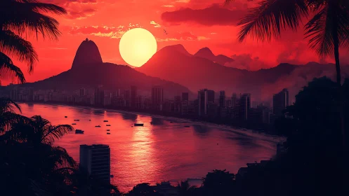 Sunset illuminates coastal city skyline and mountainous horizon